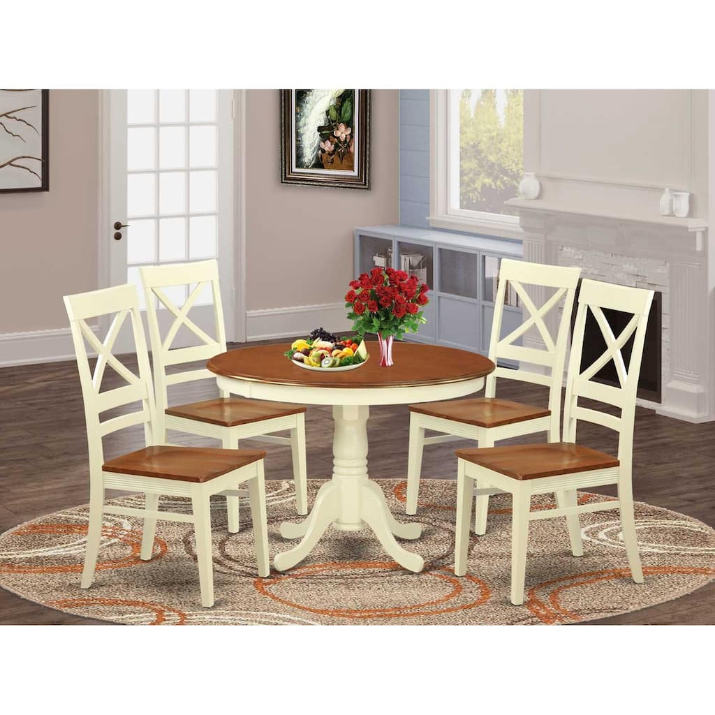 HomeStock 5-Piece Round Buttermilk and Cherry Finish Solid Wood Top Dining table with 4 Chairs with Lattice Back