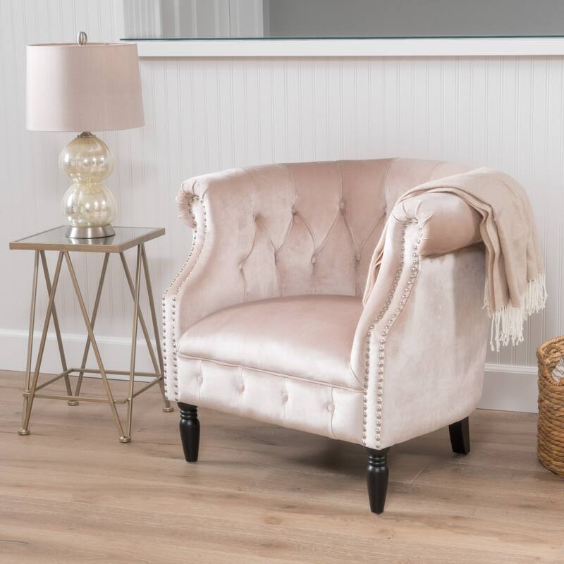 Champagne Modern 32.75" Velvet Button Tufted Club Chair with Turned Birch Wood Legs and Nailheads - Champagne