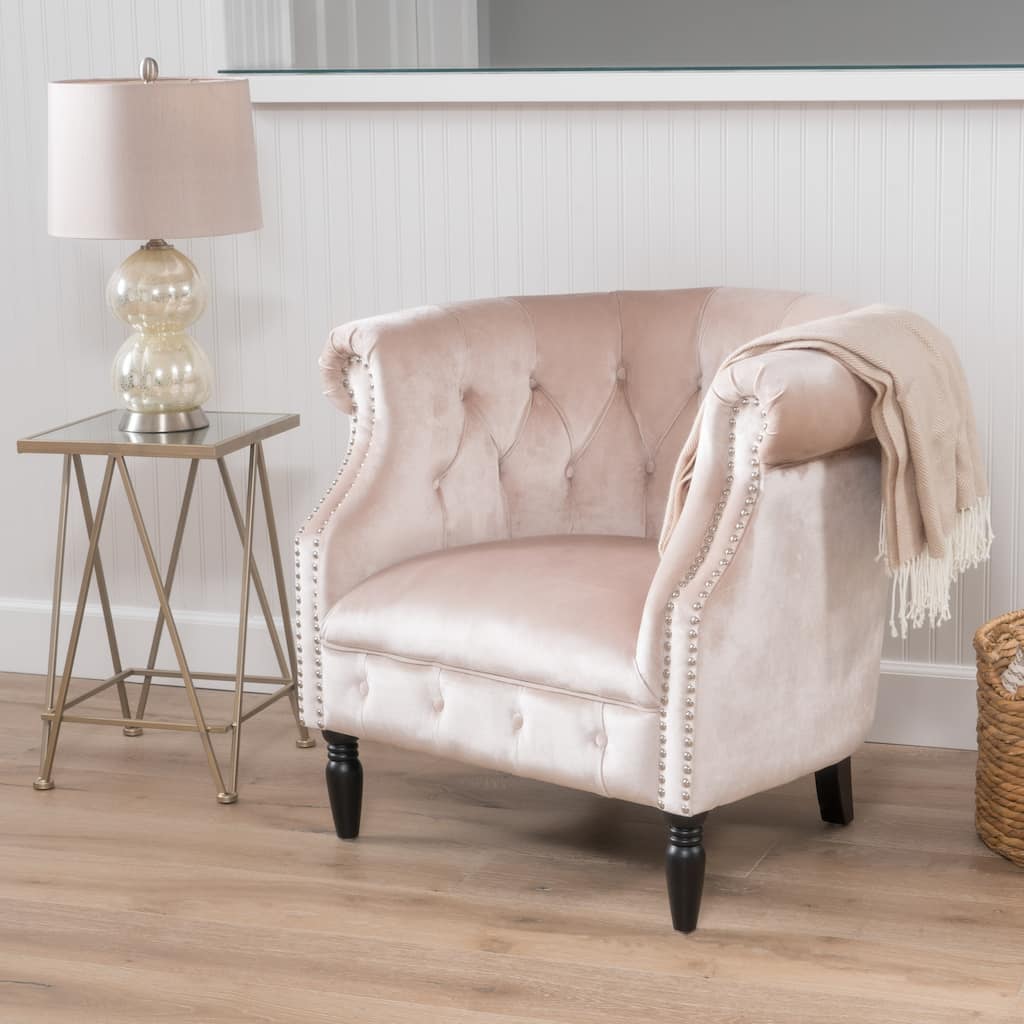 Champagne Modern 32.75" Velvet Button Tufted Club Chair with Turned Birch Wood Legs and Nailheads