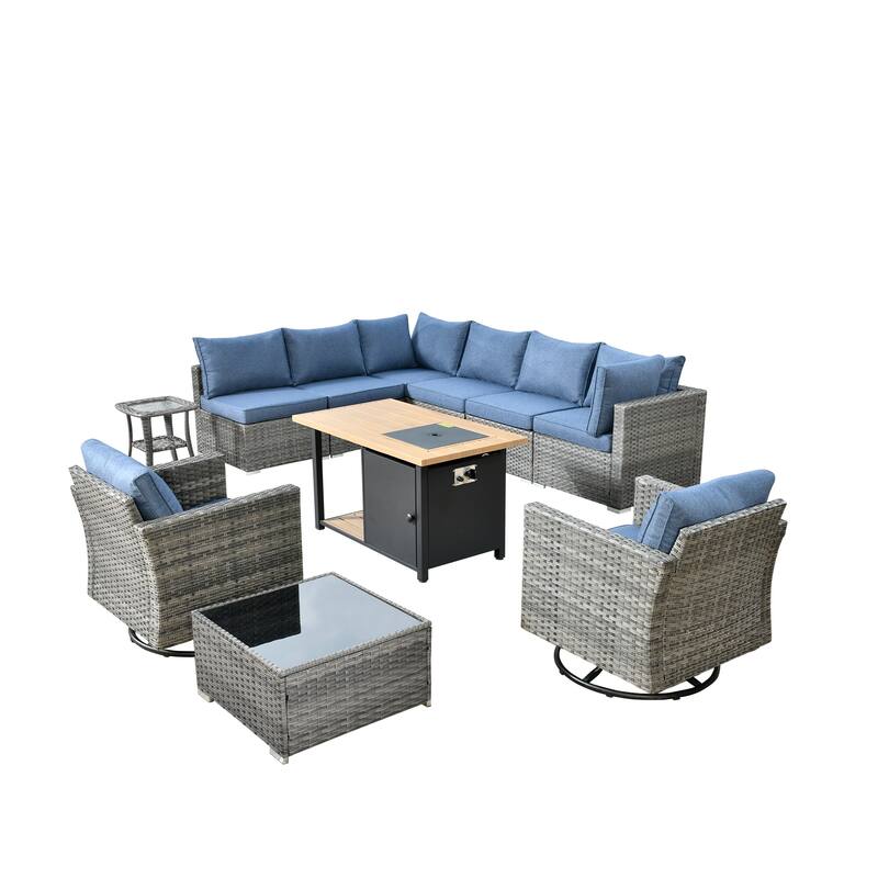 XIZZI 11-piece Outdoor Wicker Furniture Patio Swivel Chair Set with Firepit Table