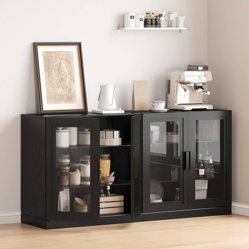 62"LX31"H Solid Wood Kitchen Pantry Sideboard Buffet Cabinet Storage with Glass Doors