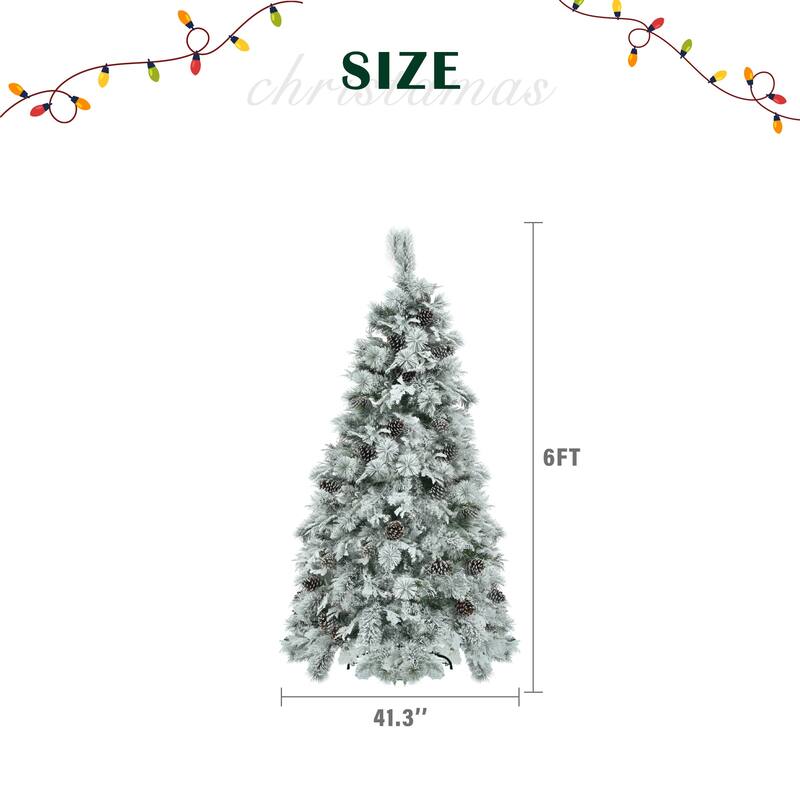 Pre-Lit Snow Flocked Spruce Tree - Mixed PE & PVC Branches, Multi-Color LED Lights, Pine Cones - White+Green