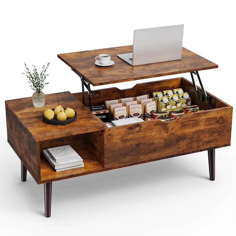 Coffee Table, Wood Lift Top Coffee Table with Storage Shelf, Lift Tabletop Dining Table for Home Living Room, Office - Brown