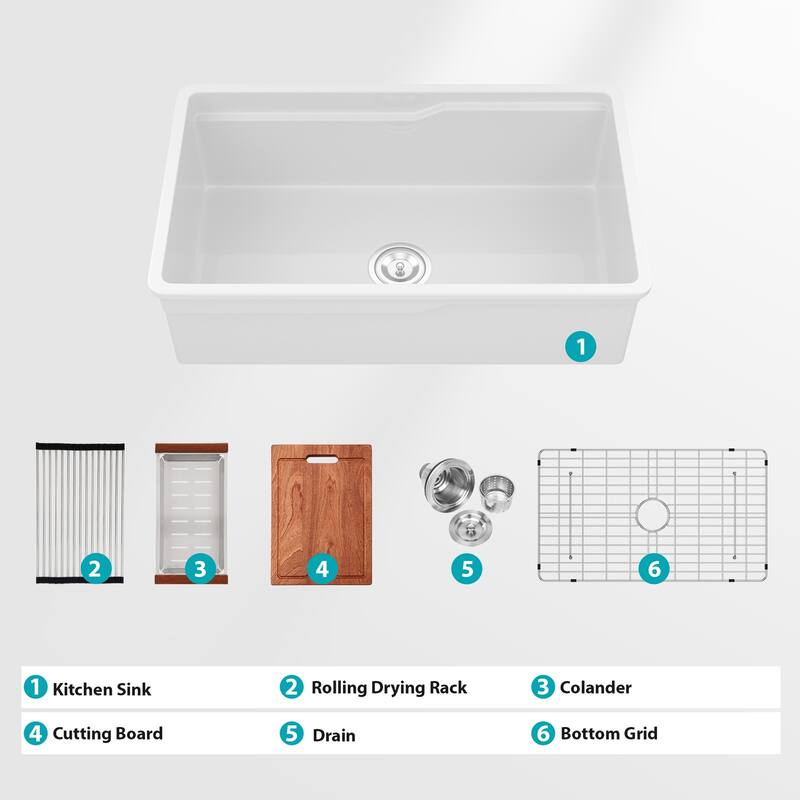 Undermount Workstation Single Bowl Porcelain Fireclay Kitchen Sink - Dual Mount White Fireclay Rectangular Deep Single Bowl