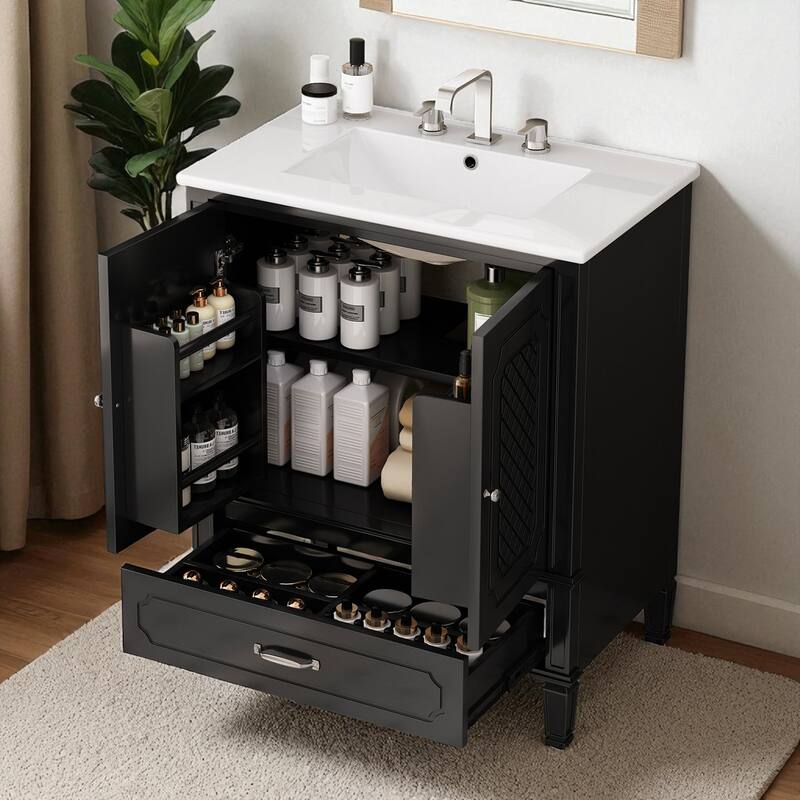 30'' Bathroom Vanity with Ceramic Sink, Solid Wood Frame, Storage Cabinet with Drawer, Door Shelf & Soft-Close Doors
