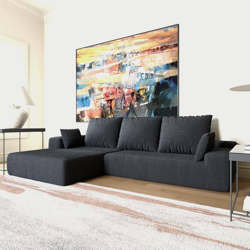 Momei L-Shaped Sofa - High-Density Foam with Spring, Multiple Cushions, Living Room - Dark gray corduroy