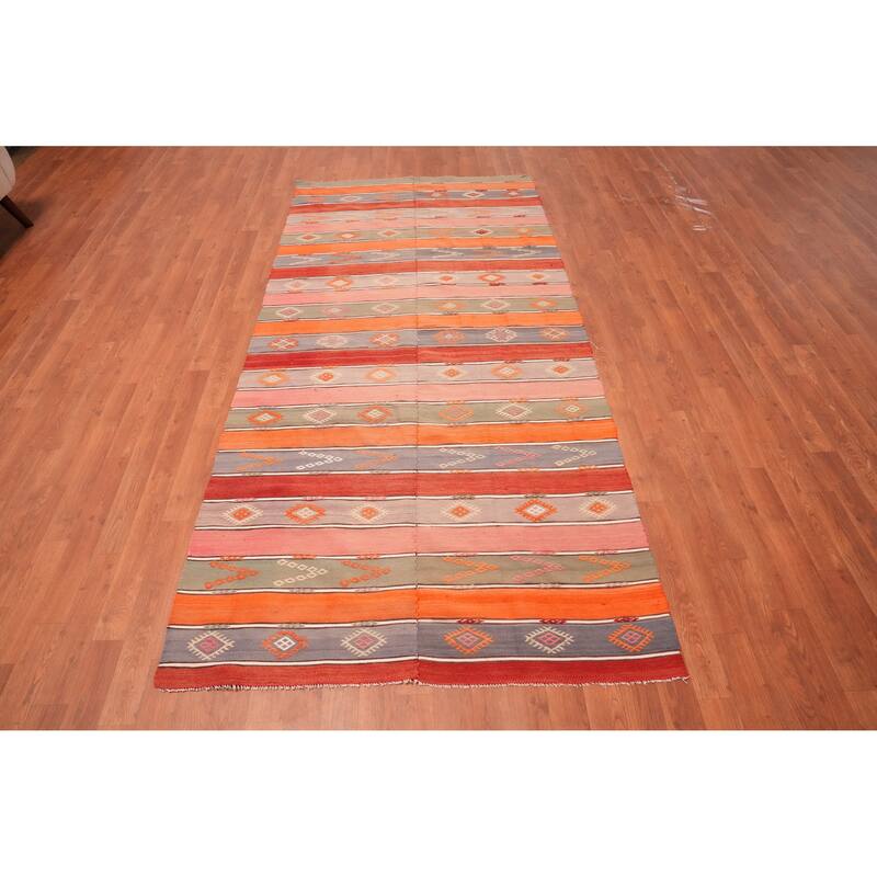Hand Woven Oriental 100% Wool Carpet Southwestern Tribal Oranges & Rust Kilim Runner Rug - 8' 6'' X 4' 0''