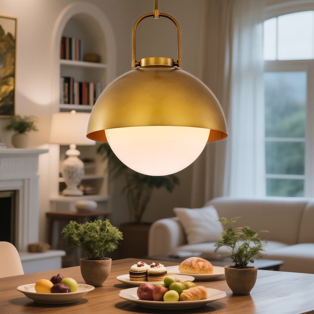 1-Light Gold Finish Modern Pendant Light Fixture with Opal Glass Shade for Dining Room or Kitchen Island