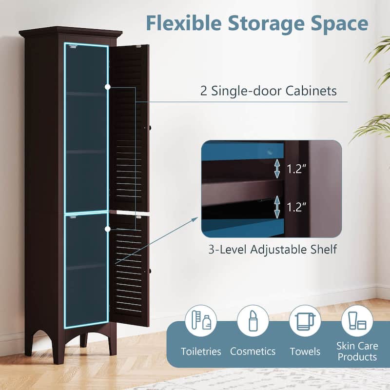Costway Tall Bathroom Floor Cabinet Narrow Linen Tower with 2 Doors & - See Details