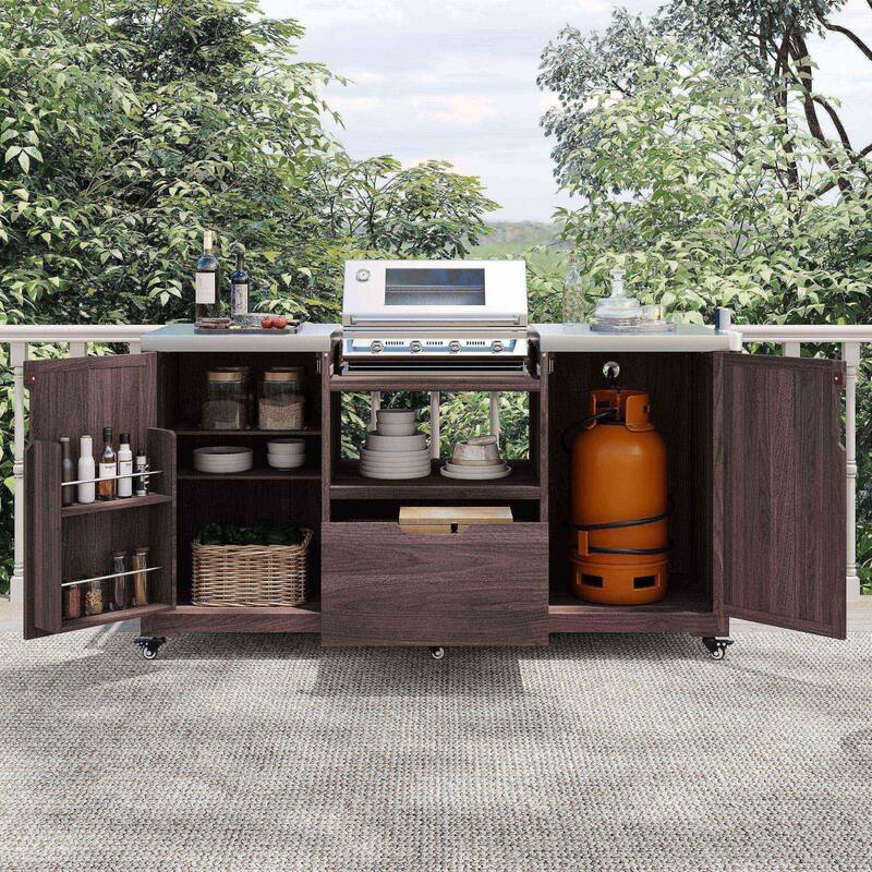 Modular Outdoor BBQ Grill Cart with Stainless Steel Worktop, Storage Cabinet, Paper Towel Rack & Spice Rack