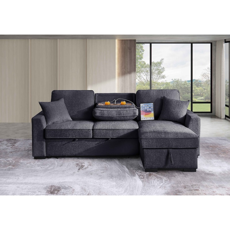 Chenille Reversible Sectional Sofa Convertible Pull Out Couch Bed