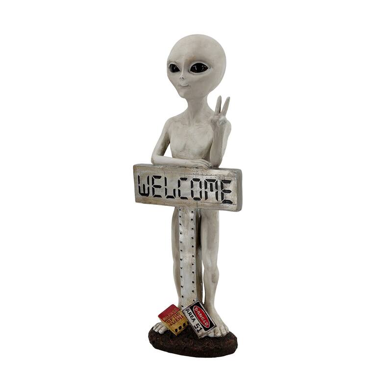 Alien with Welcome Sign Outdoor Garden Statue - 17"