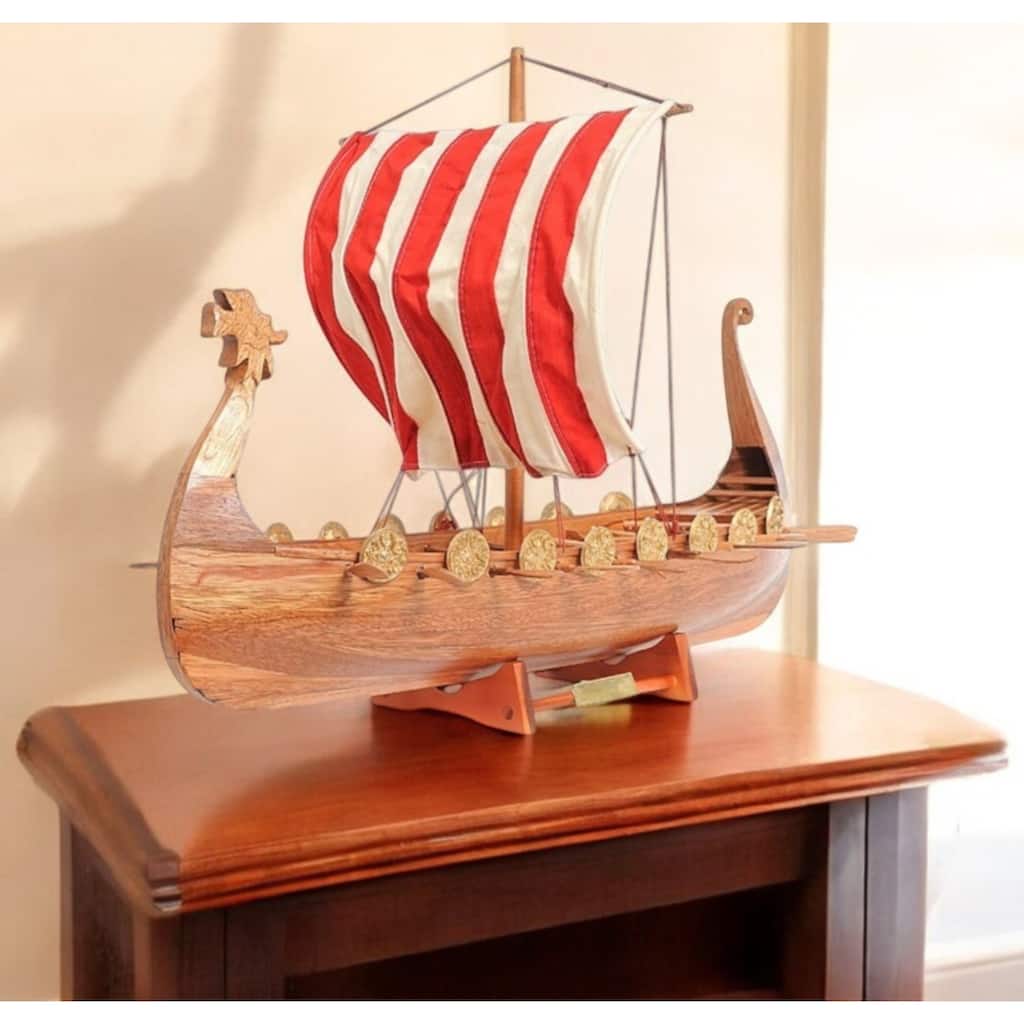 HomeRoots 20" Wood Brown Solid Wood Hand Painted Model Boat Tabletop Sculpture - 25' X '20' X '7