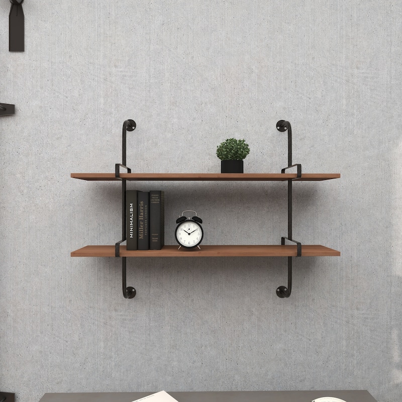 Wood 2 or 3 Level Wall Shelf with Black Metal Brackets - Brown or Gray - Roche River Decor