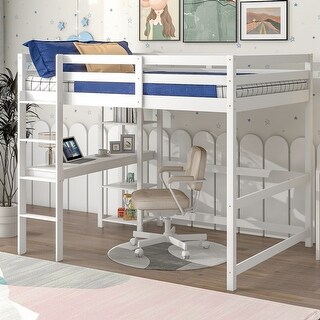 Multifunctional Design Wood Loft Bed with Built-in Desk, Safety Guardrails, Ladder, Full Size, White