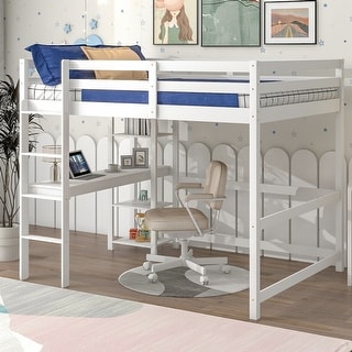 White Full Size Wood Loft Bed with Desk & Safety Guardrails