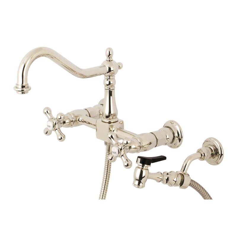 Heritage Two-Handle Wall Mount Bridge Kitchen Faucet with Brass Sprayer - Polished Nickel