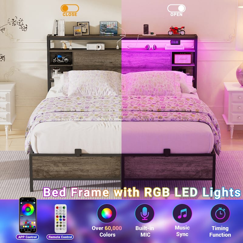 Bed Frame with Charging Station and RGB LED Lights, Sturdy Platform Bed with Storage Headboard,