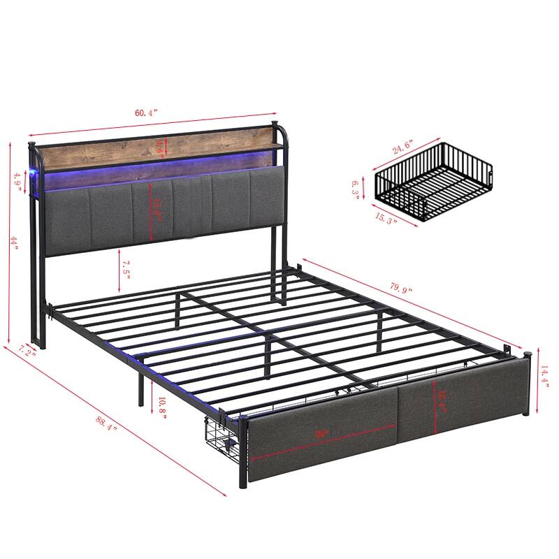 Queen Size Modern Platform Bed with Storage Headboard & Charging Station