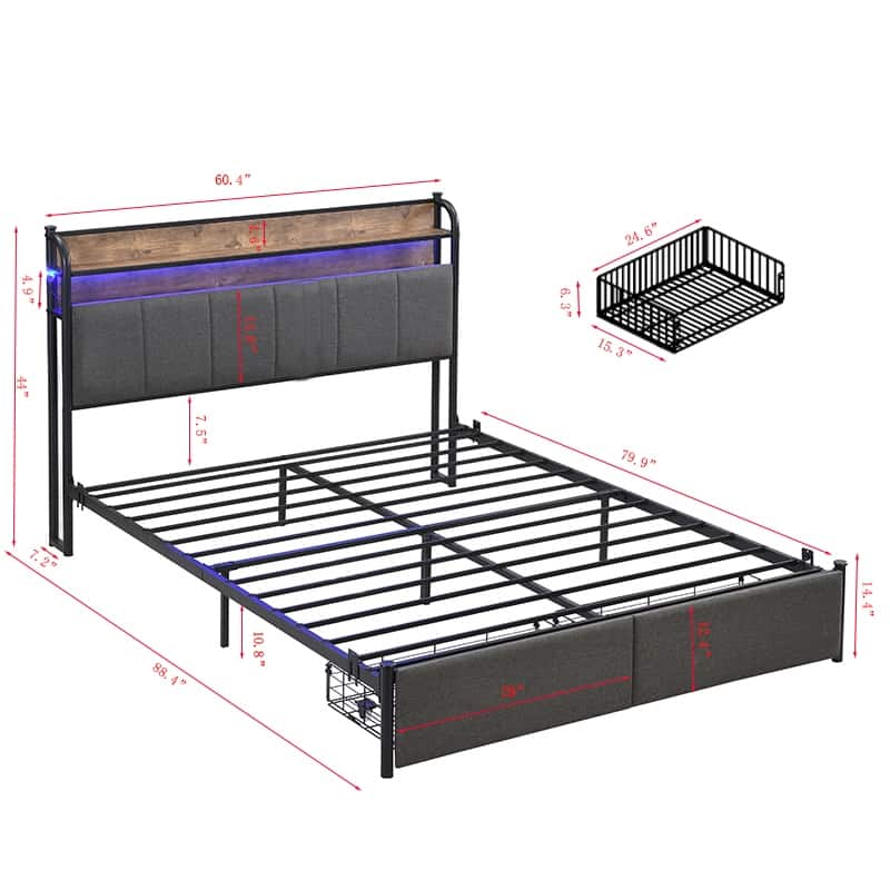 Queen Size Modern Platform Bed with Storage Headboard and Charging Station for Bedroom