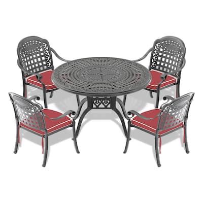 5-Piece Cast Aluminum Outdoor Dining Set with 47.24 in. Round Table and Random Color Seat Cushions