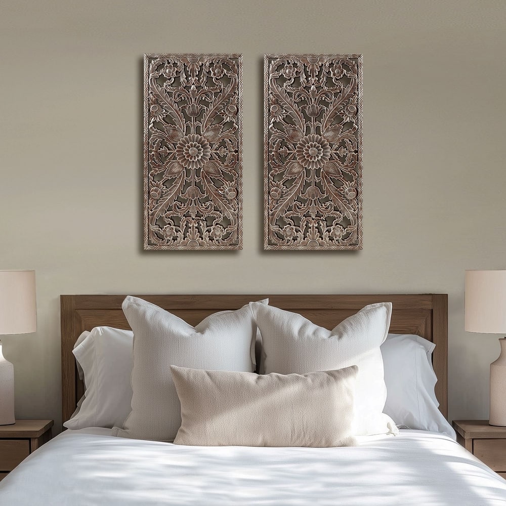Madison Park Botanical Panel Distressed Carved Wood Wall Decor (Set of 2)