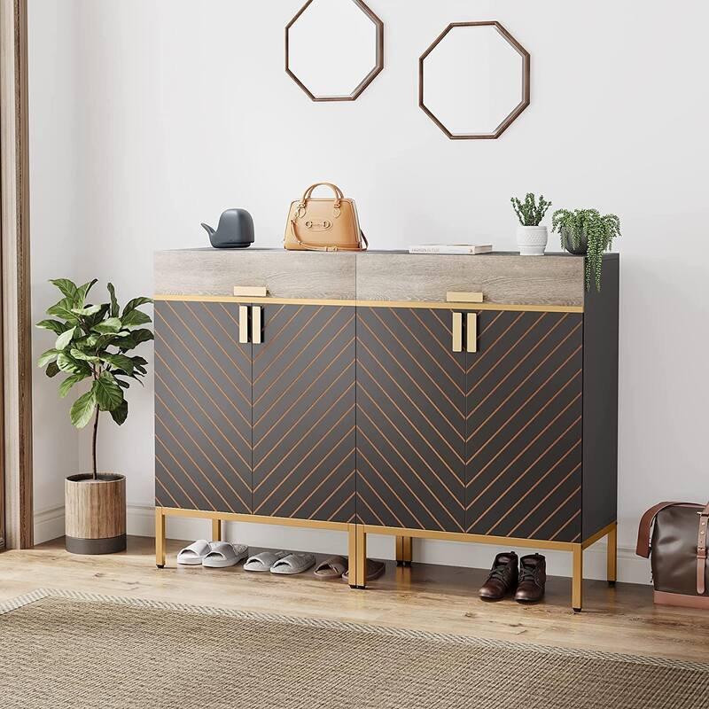 Modern Shoe Cabinet with Drawers, 4-Tier Shoe Rack Storage Organizer with Removable Shelves, Gray/Gold