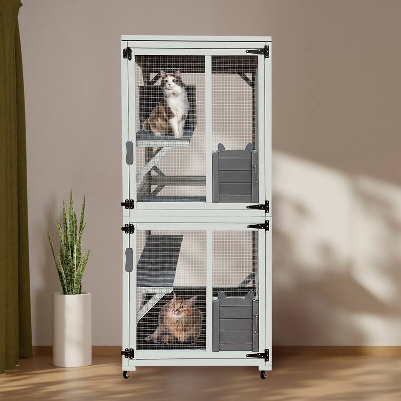 30.7" Wooden Catio Outdoor Cat Enclosure, Luxury Cat House on Wheels with Napping House - Gray
