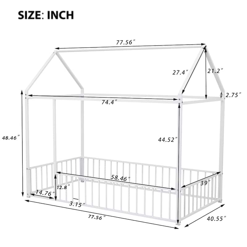 Kids Playhouse Bed, Metal House Bed Frame with Roof & Fence, Floor Bed for Kids Gilrs Boys
