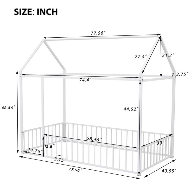 Kids' Twin/Full Metal House Bed Frame with Roof and Fence, Playful Sleep and Play Space, Sturdy Frame, Multiple Colors