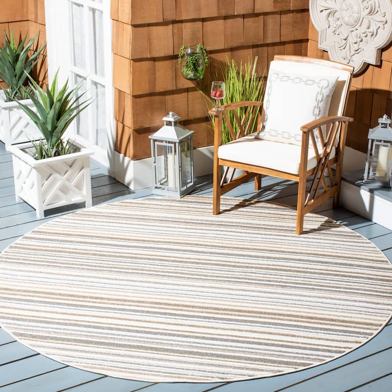 SAFAVIEH Cabana Gafia Indoor/ Outdoor Waterproof Patio Stripe Rug - 6'7" Round - Ivory/Grey