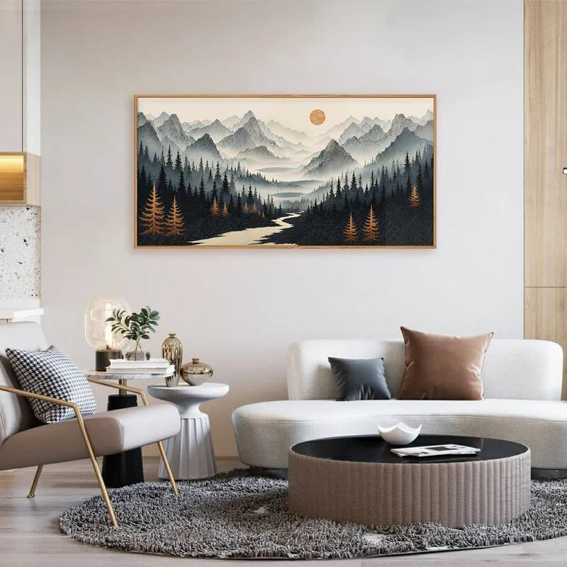 Foggy Mountain Wall Decor, Misty Pine Tree Wall Painting