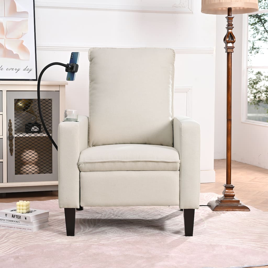 Beige Modern Fabric Manual Adjustable Recliner Chair with Mobile Phone Holder, Cup Holder, and Footrest