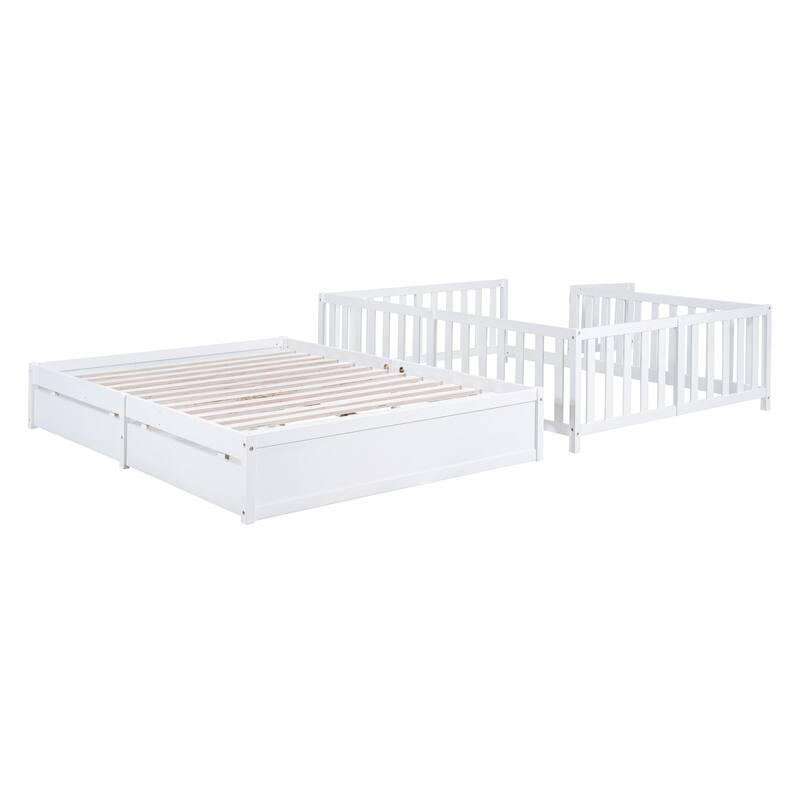Full Size Wood Daybed with Fence Guardrails and 2 Drawers