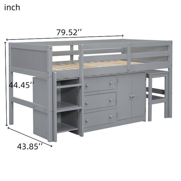 dimension image slide 0 of 2, Nestfair Twin Size Low Loft Bed With Pull-Out Desk, Drawers, Cabinet, and Shelves