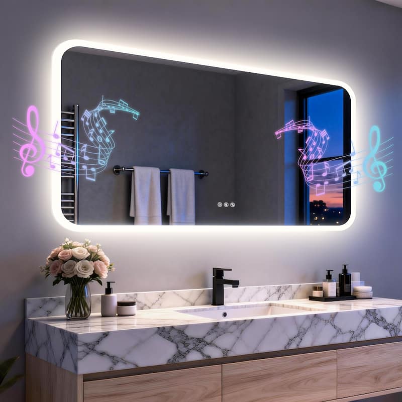 Bluetooth Speaker Smart LED Illuminated Tempered Glass Lighted Bathroom Mirror Backlight Wall Makeup Mirror - 47.24" x 27.56"