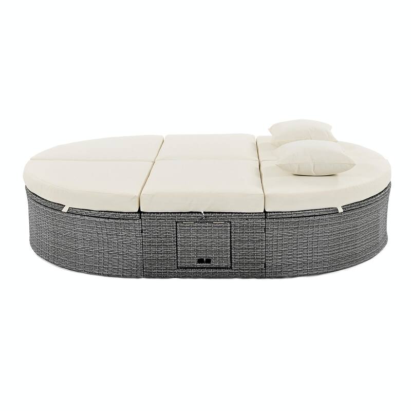 Rattan Patio Daybed with Cushions, Reclining Chaise Lounge, Foldable Trays
