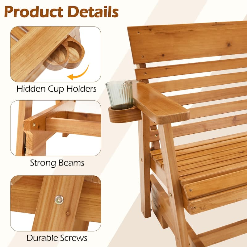 EROMMY Outdoor Wooden Glider Rocker Chair, High Backrest Patio Rocker with Cup Holders, Single & Double Options
