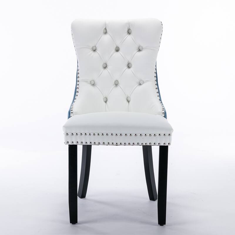 2PCS PU and Velvet Dining Chair with Wood Legs