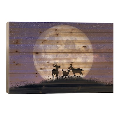 Deer Family At Night With Full Moon Print On Wood by Laura D Young - Multi-Color