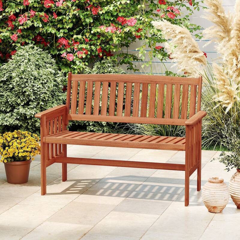 Gymax Outdoor Wood Garden Bench w/Backrest Armrests & Slatted Seat for