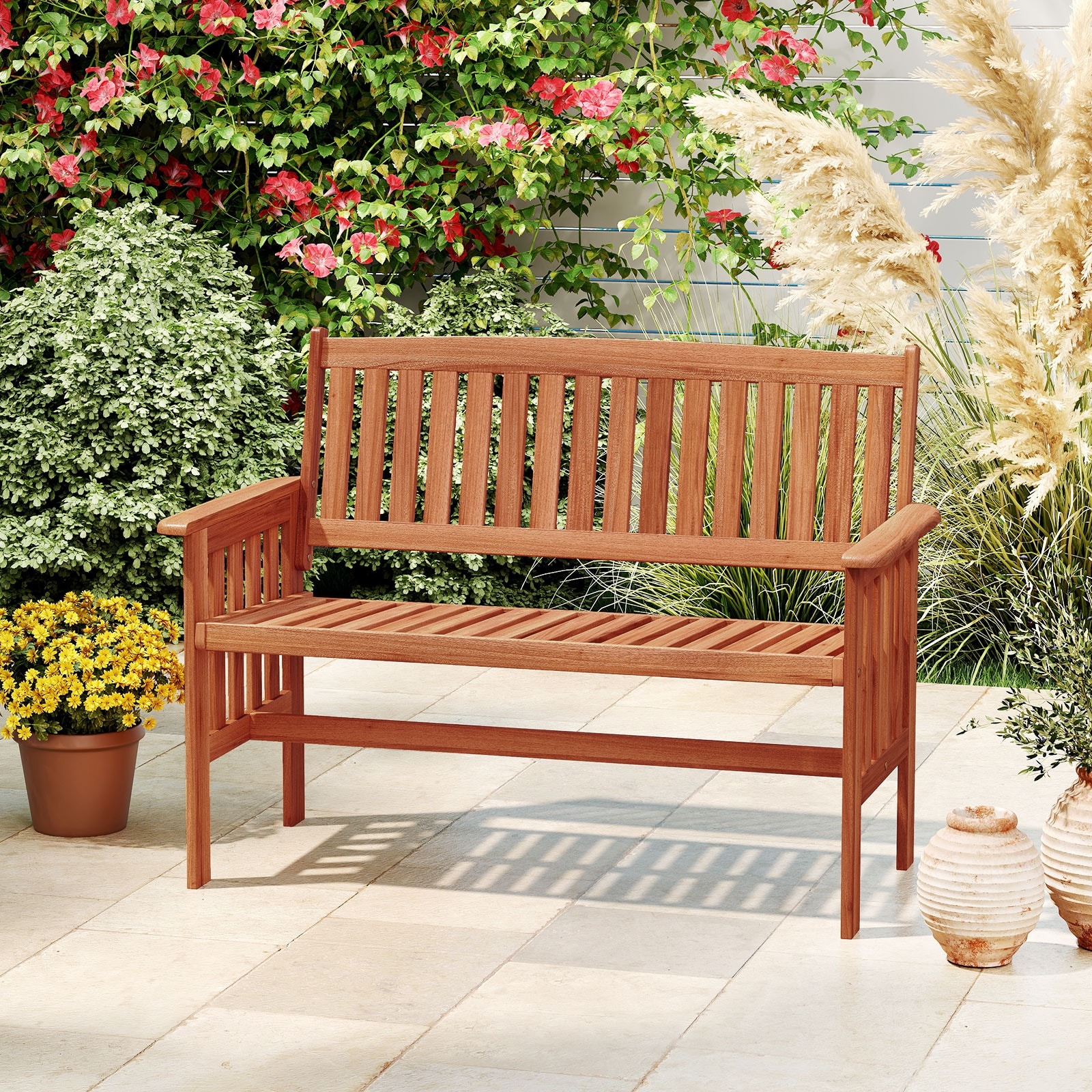 Gymax Outdoor Wood Garden Bench w/Backrest Armrests & Slatted Seat