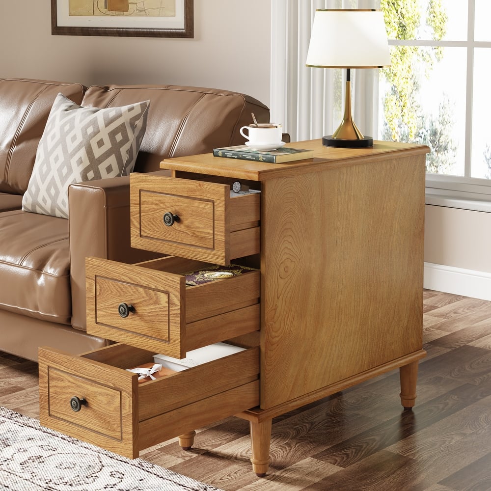 Solid Wood End Table with 3 Drawers, Fully Assembled Narrow Side Table