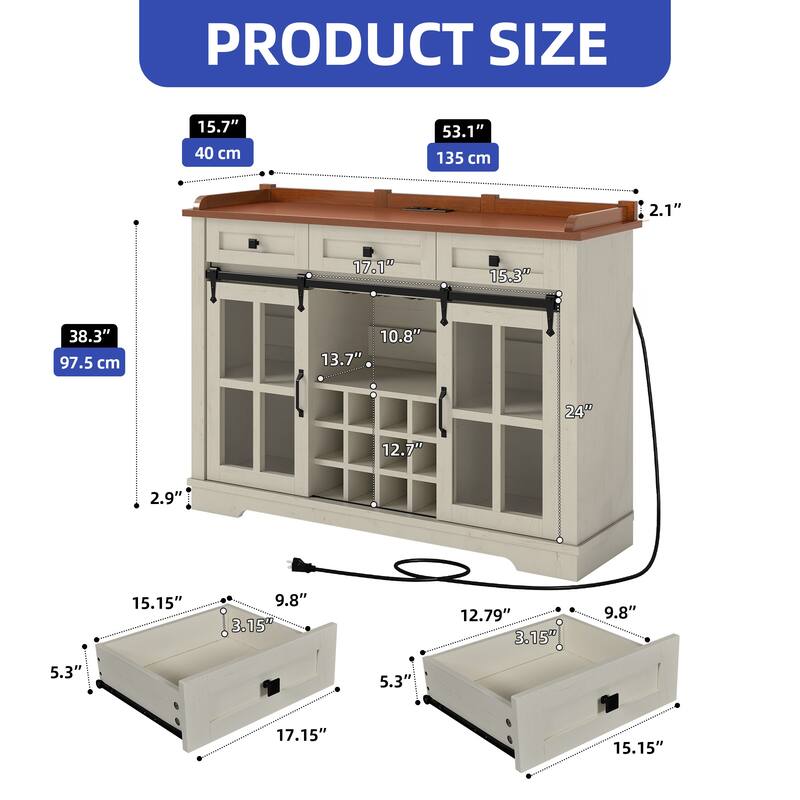 53" Barn Door Buffet Coffee Bar Cabinet with Wine Rack, Kitchen Sideboard Storage Cabinet