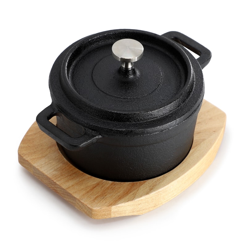 8 Ounce Cast Iron Mini Dutch Oven in Black with Wood Tray