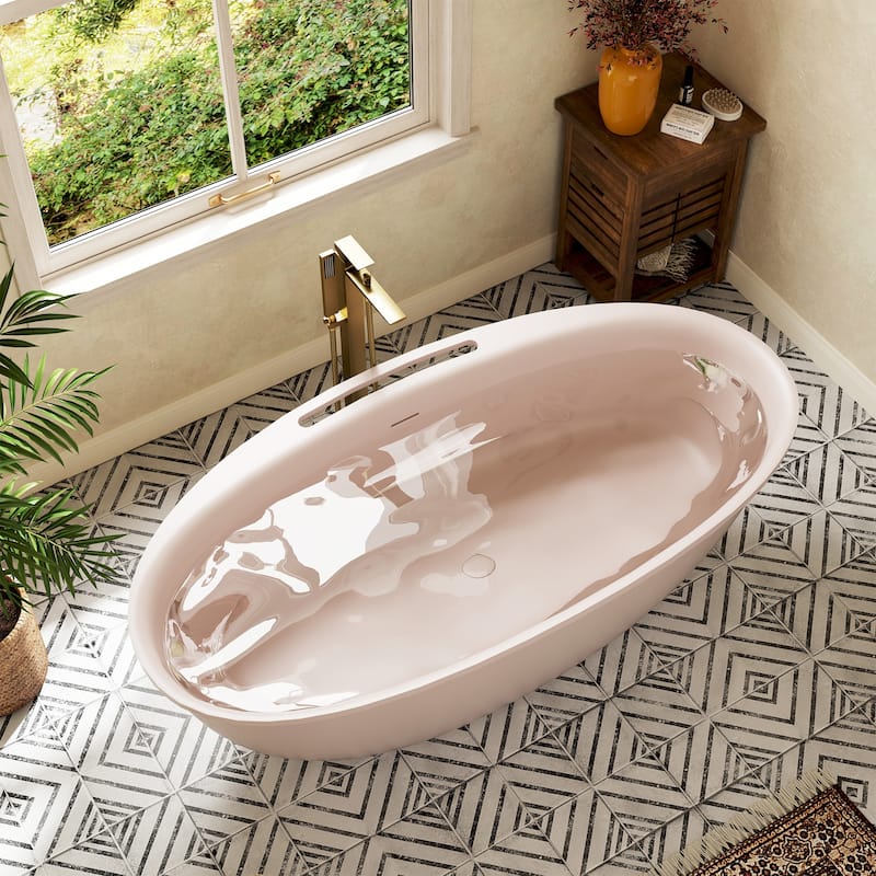 Luxury Flatbottom Solid Surface Freestanding Soaking Bathtub with Discreet Towel Slot and Drain Assembly