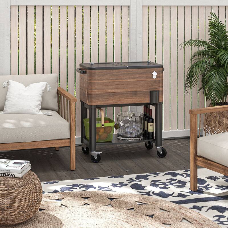 Outsunny Patio Cooler Cart, 60 Qt. Rolling Ice Chest with Shelf, Bottle Opener and Wheels, Outdoor Beverage Cooler - Brown