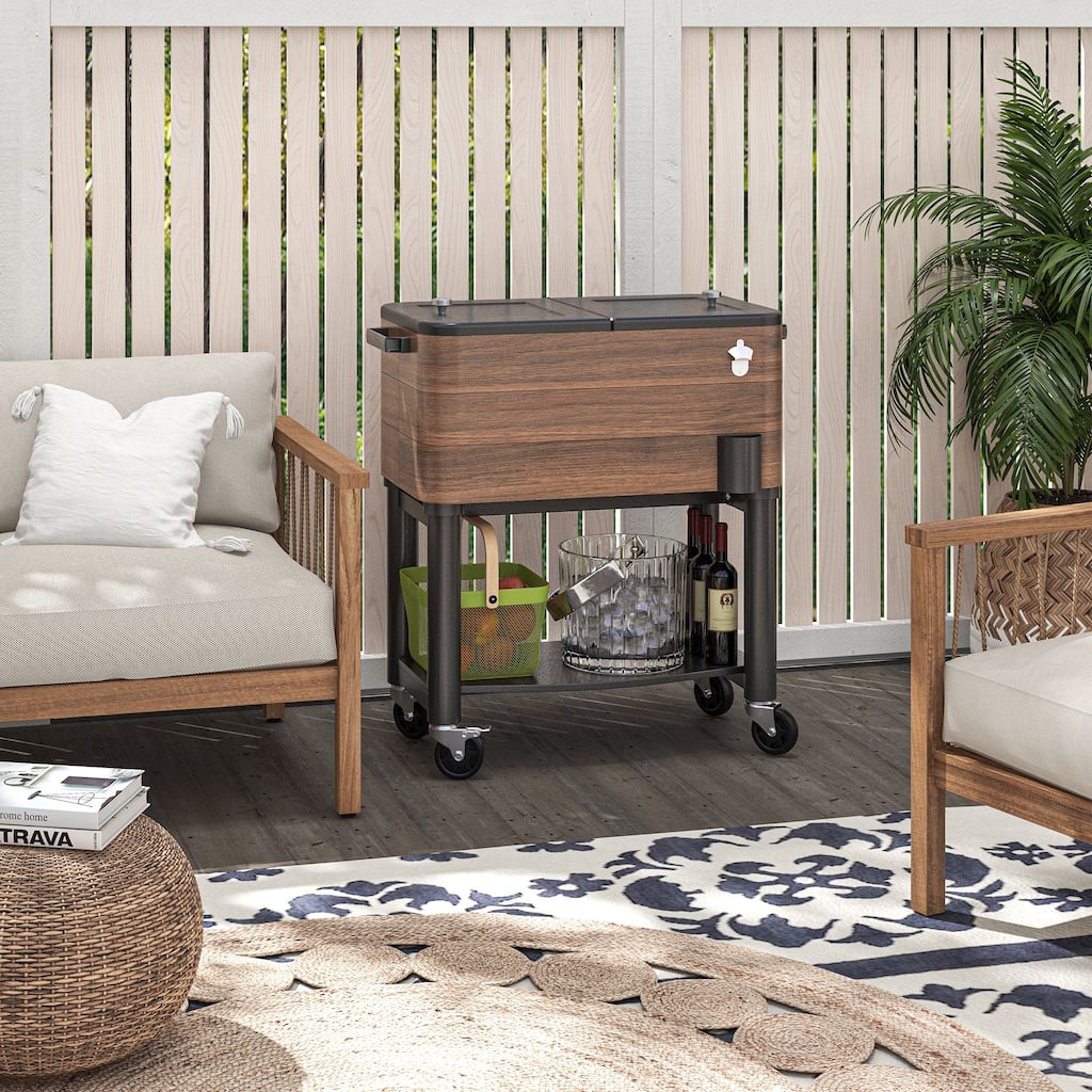 Outsunny Patio Cooler Cart, 60 Qt. Rolling Ice Chest with Shelf, Bottle Opener and Wheels, Outdoor Beverage Cooler