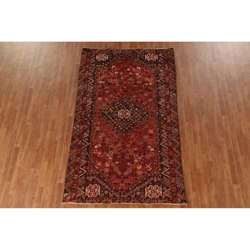 Geometric Red Shiraz Persian Vintage Area Rug Hand-knotted Wool Carpet - 5'0"x 8'5"