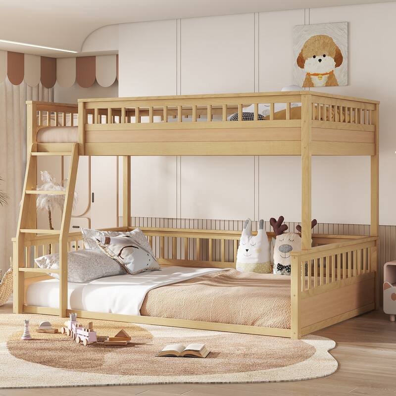 Full XL over Queen Bunk Bed with Ladder and Guardrails, White - Beige